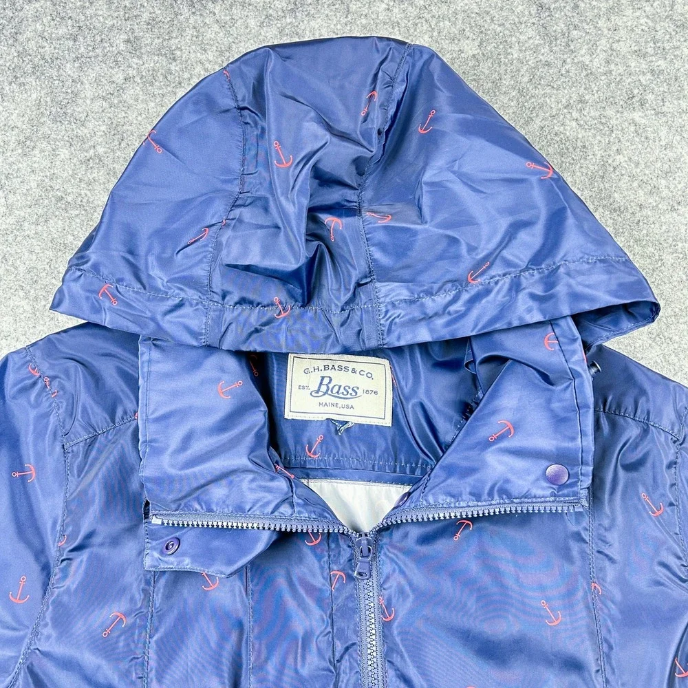 GH Bass Coastal Navy Blue Red Anchor Preppy Jacket Packable Hood Womens L
